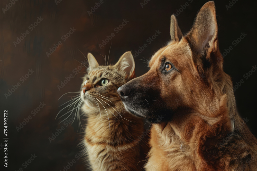 Dog and Cat sitting together against beige background. Pets posing and looking at camera. Friendship between dog and cat.