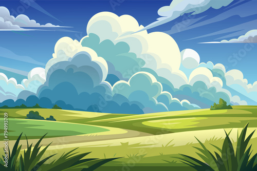 Cumulus clouds casting soft shadows on a grassy field