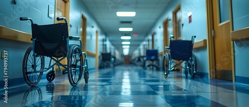 Overwhelmed Healthcare Facilities: Empty Wheelchairs Lining Hospital Corridors. Concept Healthcare Strain, Empty Wheelchairs, Hospital Overloading, Medical Crisis, Clinical Exhaustion