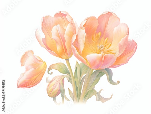 A watercolor painting of three pink tulips with green stems and leaves on a white background. #794994172