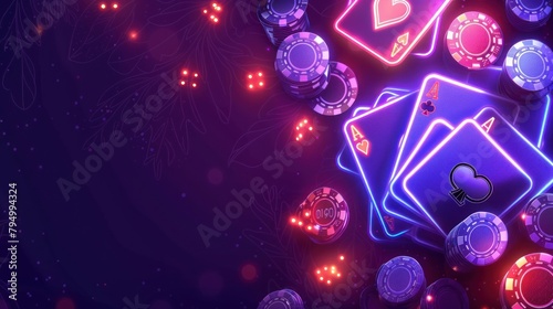 Casino advertising neon banner design with playing cards and casino chips on a purple background. ai generated