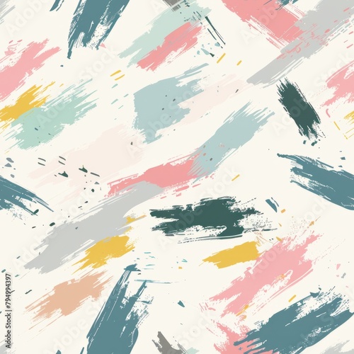 Abstract brush strokes create a seamless pattern with pastel colors on a white background