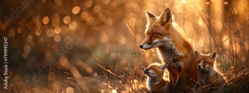 Blurred background with fox and cubs.