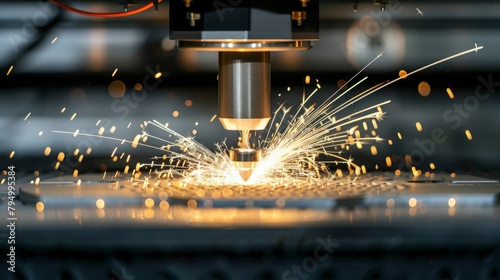 3D printer printing metal. Laser sintering machine for metal. Metal is sintered under the action of laser into shape. DMLS, SLM, SLS. Modern additive technologies 4.0 industrial revolution. Sparks photo