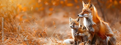 Blurred background with fox and cubs. photo