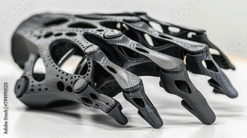 Black orthopedic plastic prosthesis printed on powder 3D printer for hand. Orthopedic gypsum helmet close-up. Multi Jet Fusion MJF 3D printing technology. New modern progressive additive technology.