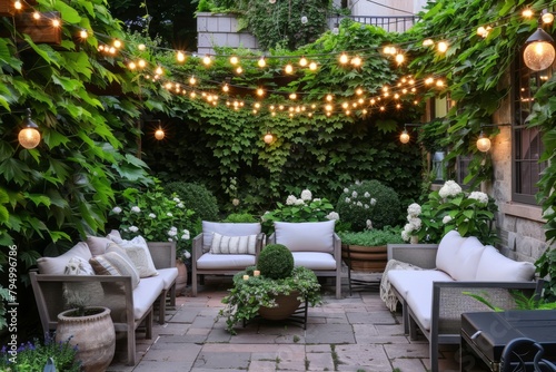 A serene outdoor patio with comfortable seating, lush greenery, and string lights for a magical ambiance, Generative AI