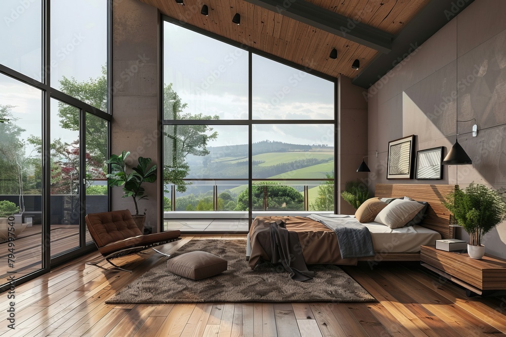 Fototapeta premium Farmhouse interior design of modern bedroom. Wooden floor. Big windows