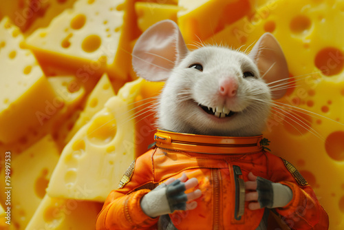 a mouse in a suit next to cheese photo