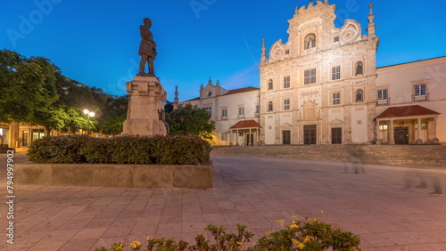 Panorama showing Sa da Bandeira Square with a view of the Santarem See Cathedral day to night timelapse. Portugal photo