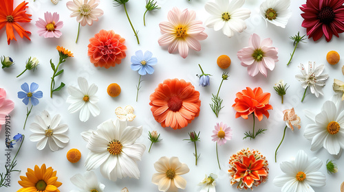 Various Colored Flowers Arranged on a White Surface