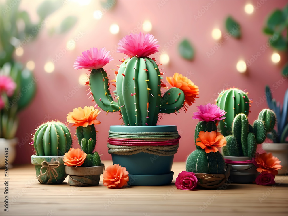 Fiesta Flora: Botanical Cartoon Cacti Collection with Flowers and Ribbons in Festive Setting