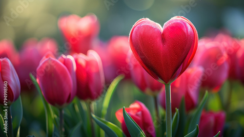 Field of Red Tulips With Heart-Shaped Flower