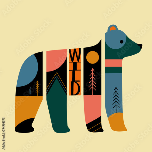 Vector illustration with abstract geometric bear, line doodle line trees and word Wild. Trendy apparel and poster print design © julymilks