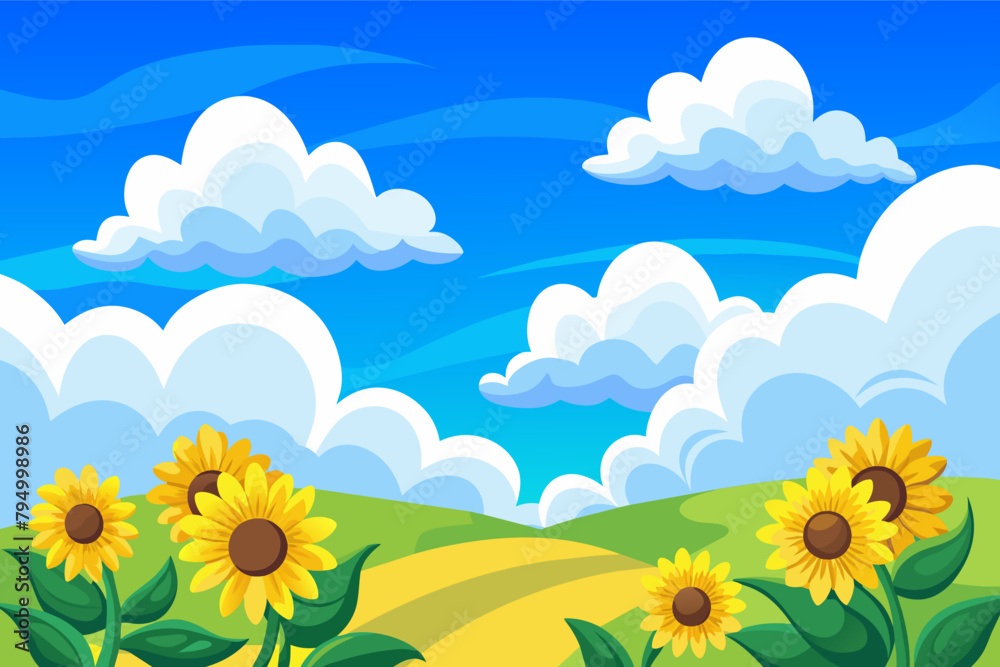 Fluffy white clouds drifting above a field of sunflowers