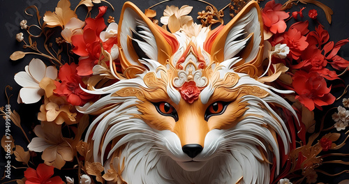 Abstract fox with beautiful abstract blossom flowers background photo