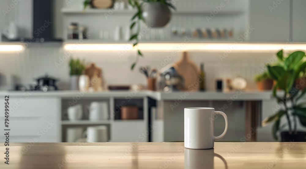one white coffee mugs sit side by side on an empty wooden table in the kitchen one white coffee mugs sit side by side on an empty wooden table in the kitchen