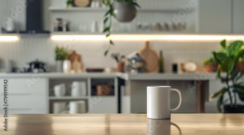 one white coffee mugs sit side by side on an empty wooden table in the kitchen