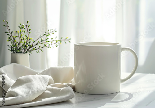 A white coffee mug on the table, in the style of a mockup with a blurred background and a plant in the corner
