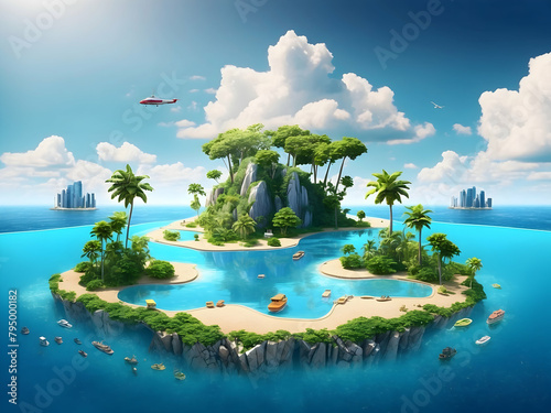 Cartoon Investment Islands surrounded by Value Waters - Realistic Representation of Investment Options - Stock Photo Concept