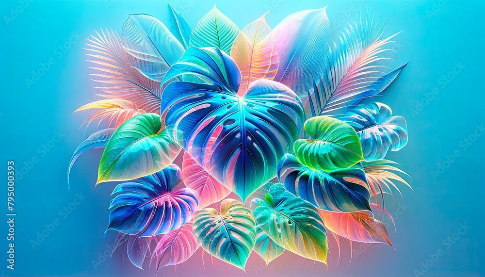Ethereal tropical leaf arrangement with a neon glow, perfect for creating a tranquil yet vibrant atmosphere in spa interiors, wellness content, and meditative spaces.