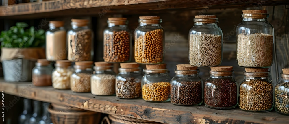 Glass jars filled with grains and legumes on wooden shelves evoke homey healthy vibes. Concept Home decor, Kitchen organization, Healthy living, Glass jar storage, Wooden shelf display