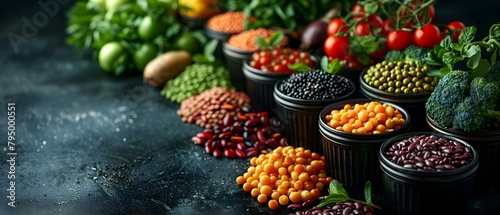 Assorted fruits veggies and legumes in containers on a dark background. Concept Food photography, Healthy eating, Meal preparation, Kitchen ingredients, Fresh produce