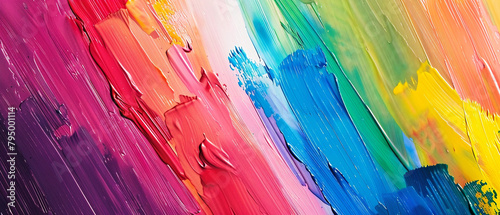 Vibrant brush strokes in various colors create an abstract and dynamic rainbow painting masterpiece.