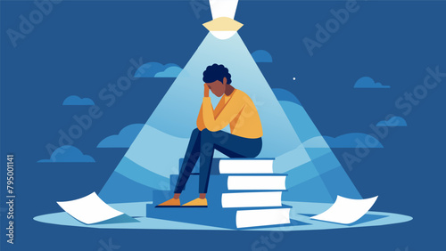 A person sits on top of a pile of unpaid bills looking defeated and overwhelmed. However in the distance a light shines through representing the