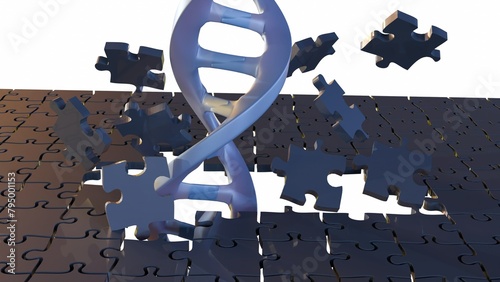 3d rendering of DNA helix and jigsaw puzzle pieces