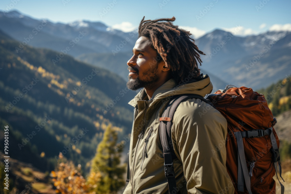 A man travels in the mountains with a backpack.