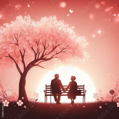 Romantic Silhouette of Couple Under Cherry Blossom
