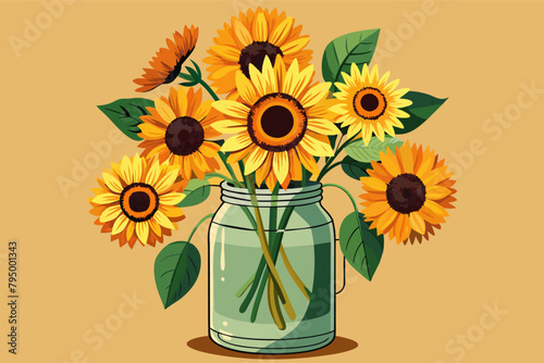 Rustic sunflowers arranged in a mason jar