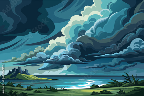 Storm clouds brewing over a calm ocean