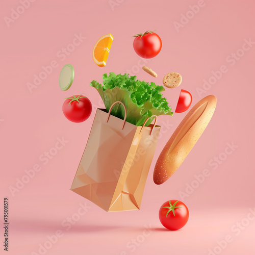 A floating pack of groceries featuring fresh tomatoes, crisp lettuce, a baguette, and a box of cereal, rendered in a charming clay 3D model style.Against a light pink plain background, this warm color