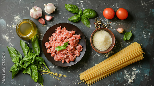 A meticulously arranged knolling composition showcases a variety of fresh food ingredients on a clean background. Neatly aligned rows feature minced pork, ripe avocados, a bunch of fragrant basil
