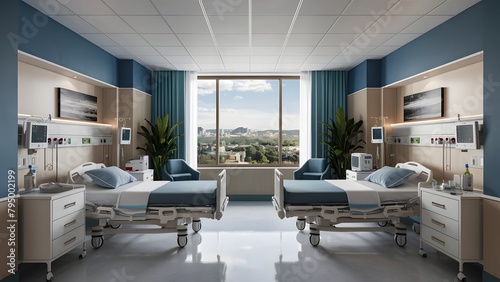 calming hospital room with a serene blue and white color scheme. Two adjacent hospital beds are equipped with medical monitors and IV stands, providing essential care