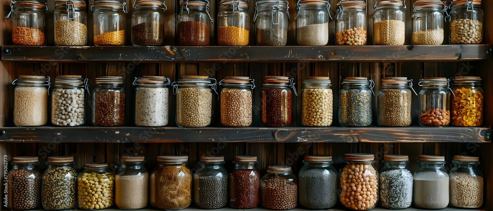 Homey and Healthy: Glass Jars Filled with Grains and Legumes on Wooden Shelves. Concept Minimalist Pantry, Sustainable Home, Organized Kitchen, Eco-Friendly Living