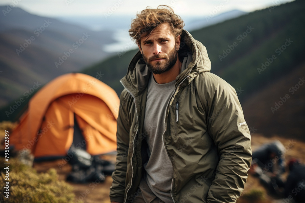 Happy on the background of an unfolded tent. Happy on the background of an unfolded tent.