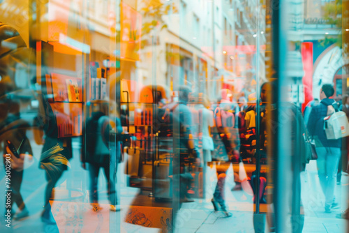 Detailed view of a storefront window in a busy shopping district, reflections of diverse shoppers