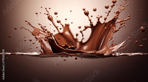 Artistic 3D illustration of a chocolate splash, with droplets frozen in time against a clean, neutral background for an advertisement cover