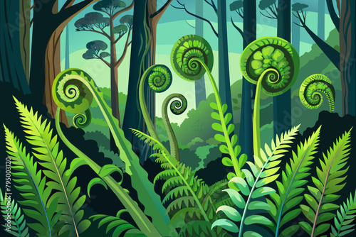 Verdant ferns unfurling in a shaded grove
