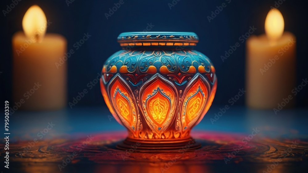 A beautifully burning thick, ornate candle. A beautifully burning thick, ornate candle.