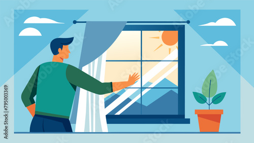 A homeowner utilizing natural light during the day by opening curtains and blinds instead of using artificial lighting resulting in lower