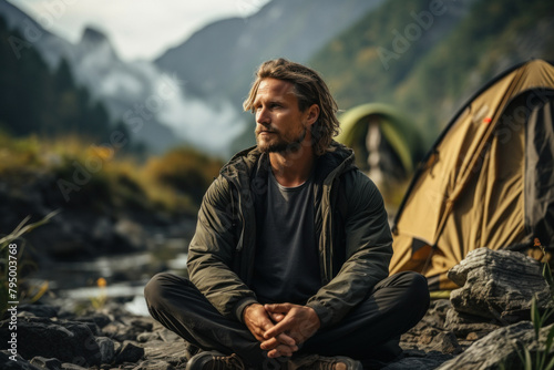 A young man sits cross-legged by a tent against a backdrop of mountains. © sofiko14