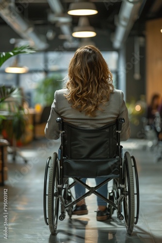 Rear view of young woman in wheelchair in corridor of modern office
