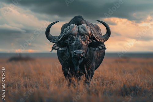 a buffalo with horns standing in a field
