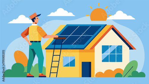 A man installing solar panels on his home to generate renewable energy and significantly reduce his reliance on traditional power sources