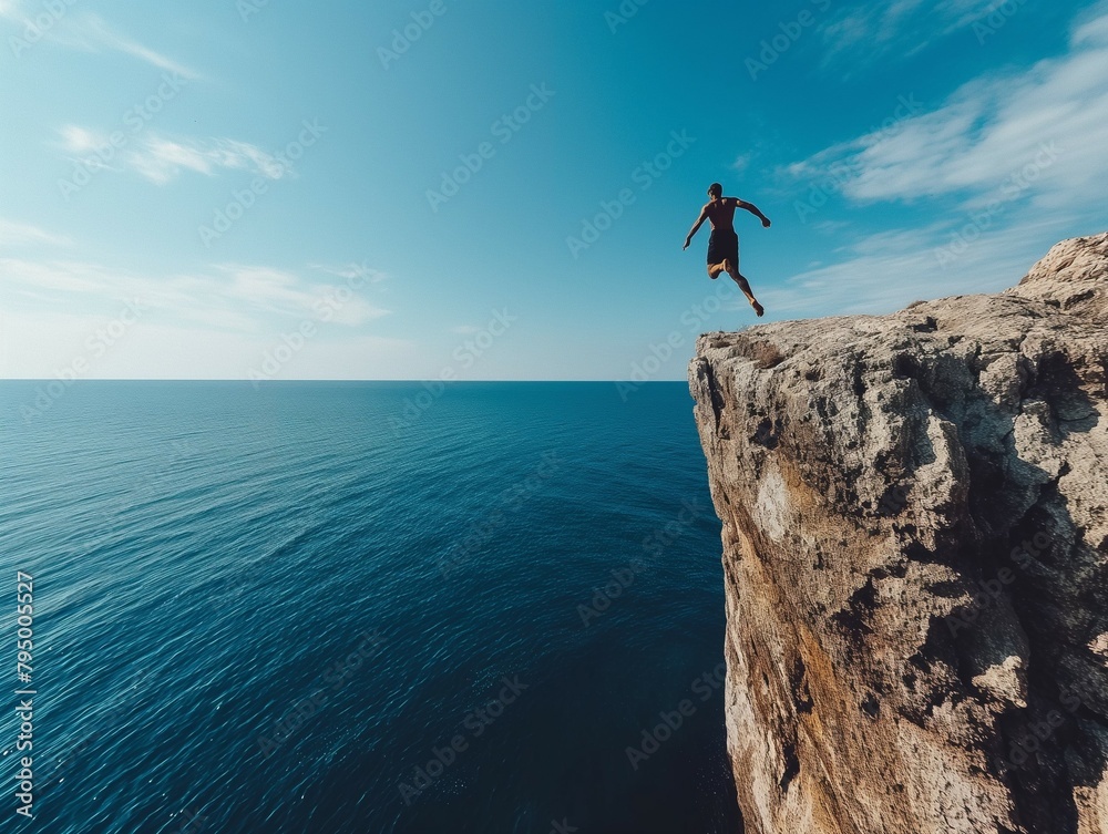 Adrenaline Rush: Brave Cliff Jumper Takes the Plunge into Crystal Waters, Capturing the Thrill of Extreme Summer Adventure Adrenaline Rush: Brave Cliff Jumper Takes the Plunge into Crystal Waters, Capturing the Thrill of Extreme Summer Adventure