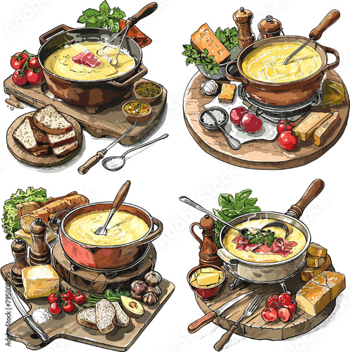 Engraving illustration Set of Swiss fondue isolated on white background
